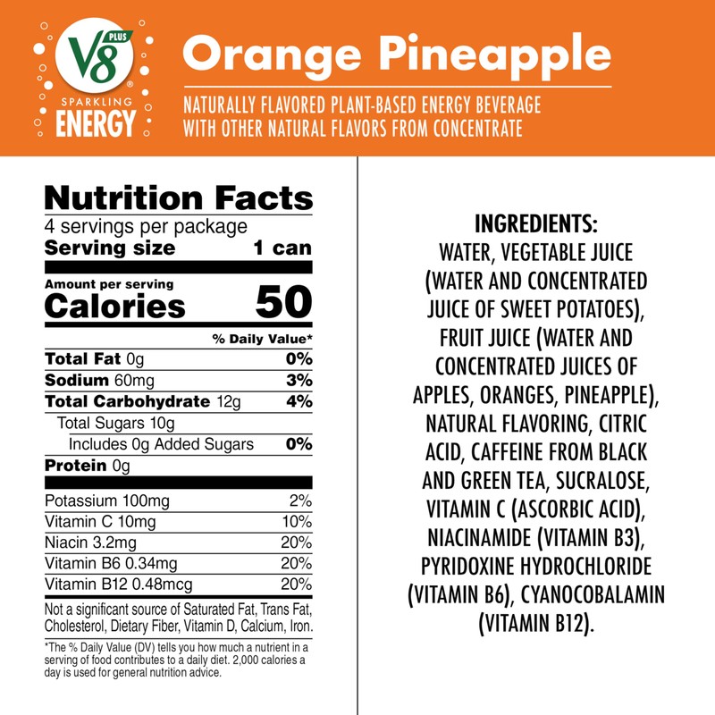 V8 +Energy Sparkling Orange Pineapple Juice Energy Drink, 11.5 fl