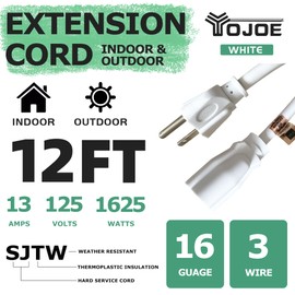 YOJOE Indoor Outdoor Extension Cord, 3 Prong 13A Weatherproof Power Cord, 16 Gauge Heavy Duty 12 ft White Extension Cord for Garage, Garden and Home, 16/3 SJTW UL Listed
