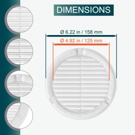 Ecopro Vent / Ø5" Inch Opening Diameter / White Round Vent External Grille with Protective Mesh - Lightweight Plastic Register / Cover Indoor Outdoor Soffit Vent - 6.2'' Outer Diameter