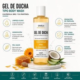 Gel de ducha, Calendula, Miel, Pantenol, Jabón liquido corporal tipo body wash 250ml. libre LESS, Parabenos y Siliconas