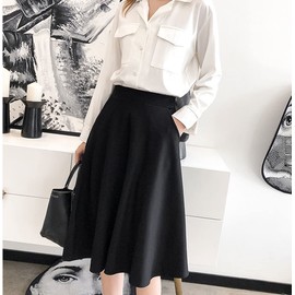 HappyPeach Women’s Pleated Knee Length Elastic Pocket Skirt (as8, Numeric, Numeric_18, Regular, Regular, Black+25‘’+Pocket)