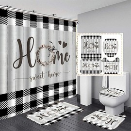 Plaid & Letter Pattern Decorative Bathroom Home Decor Set, 4counts Modern Non-slip Bathroom Decoration Set Including Water Proof Bath Curtain, Toilet Lid Mat & Bath Mat, Bath Rugs, Summer  Home Bathroom Accessories, Household Bundle - Color: black & whit