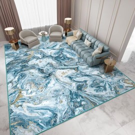 GEMBED Washable Area Rug 4x6 - Artistic Style Modern Rug for Living Room Bedroom Dining Room, Soft Low Pile Machine Washable Carpet, Non Slip Non Shedding Area Rug - Blue/Gold, 4'x6'