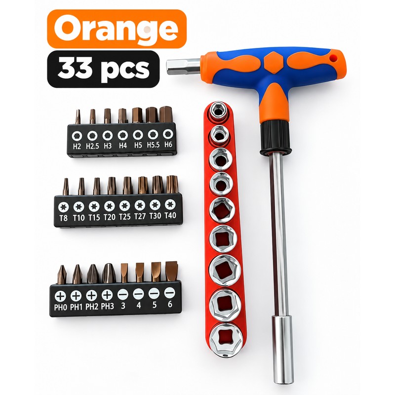 Screwdriver Set with T-Shape Handle, Phillips, Slotted, Hexagon, Plum-Shaped Bits