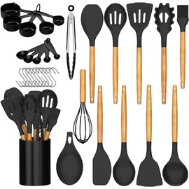 Feuora Premium Silicone Kitchen Cooking Utensils Set, 33pcs – 446°F Heat Resistant, Non-stick, BPA-Free, Wooden Handles, Spatula, Turner, Tongs, Spoon, Brush, Whisk – Essential Cooking Gadgets (Black)