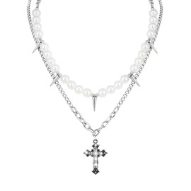 Eigso Pearl Necklace for Men Women Stainless Steel Rhinestone Cross Pendant Necklaces for Men Women, Stainless Steel, No Gemstone