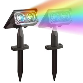 Solar Landscape Spotlight, LED Garden Stake Light, Dual Adjustable Heads, Waterproof, for Pathway and Patio, Pack of 2, Colored Light (Black, Medium Size, Multi-Colored)