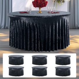 NSSONBEN 6 Pack Black Velvet Round Tablecloth 60 inch, Thick Shiny Velour Stretch Fitted 5ft Round Tablecloths 120 inch, Wrinkle Free Spandex Table Covers with Skirt for Wedding Party Dining Banquet