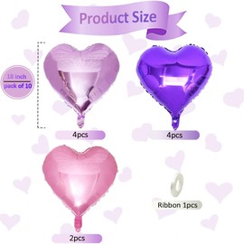Boojarr Purple Pink Foil Heart Balloons,10Pcs 18Inch Heart Shape Balloons,Women Pink Purple Party Decorations for Valentines, Engageayment ，Wedding,Anniversary,Birthday