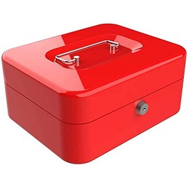 Homezone 4" Inch Lockable Money Box With Key Heavy Duty Steel Red Petty Cash Tin Or Key Lock Box Money Boxes With 2 Keys Carry Handle Cash Boxes With Keys Money Safe