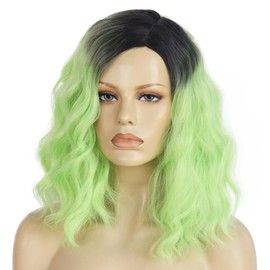 BESTBEL + Hair Cap Short Ombre Green Wig for Women Green Curly Wig for Holloween Costume Party Beach Wave Wigs for Cospaly Synthetic Wigs