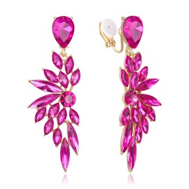 BriLove Bridal Wedding Earrings for Brides Bridesmaid, Crystal Teardrop Marquise Cluster Bling Rhinestone Dangle Clip for Women On Fuchsia Gold-Toned