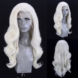 WXHWCX White Blonde #60 Long Wavy Hair Synthetic Lace Front Wig Natural Hairline Heat Resistant Fiber Hair Free Part Glueless Lace Wig for Women Cosplay Wigs
