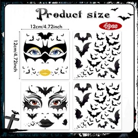 HOWAF 4 Sheets Halloween Face Tattoo Bat Tattoo Face Bat Temporary Tattoos Face Tattoo Carnival Face Tattoo for Halloween Costume Carnival Fancy Dress Costume