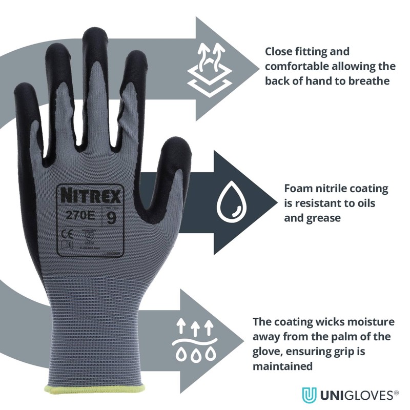 NITREX 270E Work and Safety Gloves, Bag of 10 Pairs