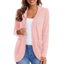 Urban CoCo Womens' Long Sleeve Open Front Knit Sweater Cardigans Curved Hem with Pockets (Pink, M)