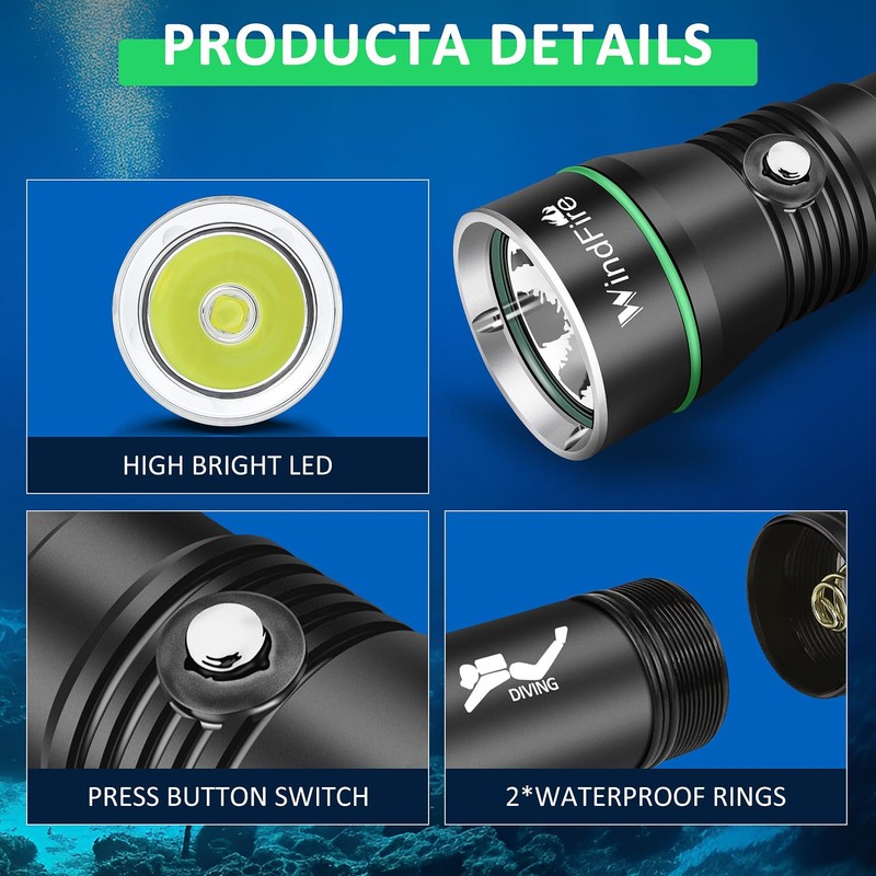 WINDFIRE Rechargeable Scuba Diving Flashlight, Super Bright LED Dive Light,