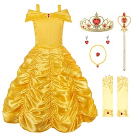 JerrisApparel Princess Belle Off Shoulder Layered Costume Dress for Little Girl (3-4 Years, Yellow with Accessories)