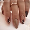 Short Almond Press on Nails Brown Fake Nails Black Feathers