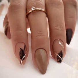 Short Almond Press on Nails Brown Fake Nails Black Feathers Designs Stick on Nail 24pcs