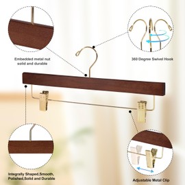 Quality Hangers Wooden Pants Hangers - 10-Pack Swivel Hook Cloth Hanger Set - Lotus Wood Skirt, Pant, Shorts and Slack Hangers with Adjustable Clip (Walnut - Gold Hook, 10)