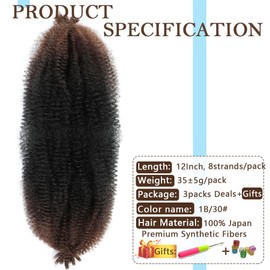 Extensiones de cabello Afro Twist, preestirado, elástico, preseparado, para trenzas suaves, Marley Twist, Afro Kinky Twist (12 pulgadas (paquete de 3), 1B/30)
