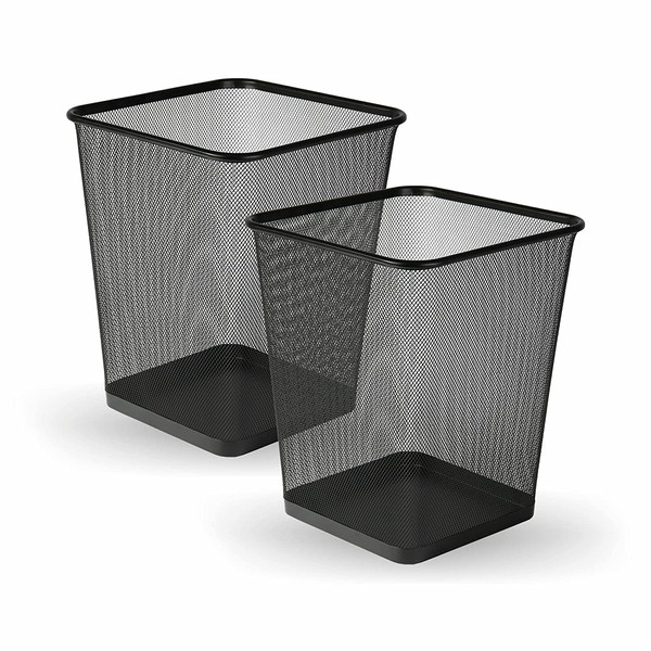 Homeshopa Square Mesh Wastebasket Trash Can, Pack of 2 Lightweight & Sturdy Metal Waste Paper Bin, Garbage Rubbish Bin for Bathrooms, Kitchens, Home Offices, Living Room, Dorm Rooms, Black (Square)