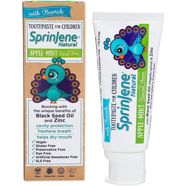 SprinJene Natural SLS Free Kids Toothpaste With Fluoride For Cavity Protection & Fresh Breath, Vegan for Childrens 2 Years & Up Apple Mint (2 Pack)