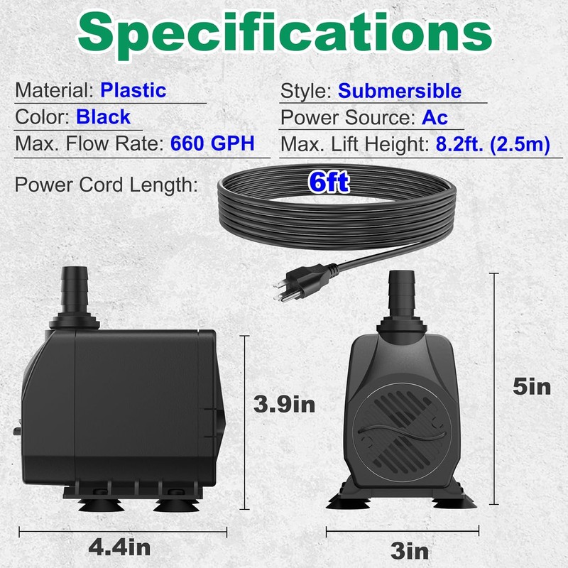 Submersible Water Pump, Ultra Quiet 660GPH (2500L/H 45W) Fountain Pump