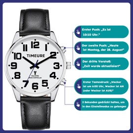 Men's Talking Watch Analogue Dial Time/Date Automatic Time Calibration Alarm Hourly Bell Strike TIMEURE-2309M, black, Modern
