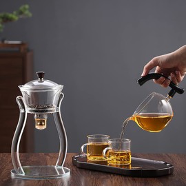 Lazy Kungfu Drip TeaPot, Heat Resistant Tea Set, Semi-Automatic Glass Teapot Suit for Magnetic Water Flow Wooden Glass Teapot Set