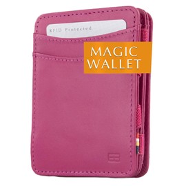 Hunterson Flat Leather Wallet for Men, Magic Wallet with RFID Protection, Money Wallet with Change and Space for 6 Cards, 12 raspberry, Minimalist