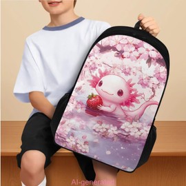 Hwiplsvny Axolotl 4 Pcs Set Kids Backpack Elementary School Bookbags for 3rd Grade Girls Backpacks with Lunch Box Two Compartments Schoolbags Girls Kids 9-10 Casual Daypack for Students