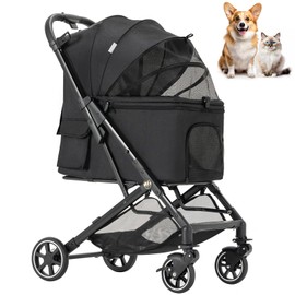 3 in 1 Folding Pet Dog Stroller, Jogger Stroller for Medium Small Dogs Cats Folding Lightweight Travel Stroller with Storage Basket, Cup Holder (Black)