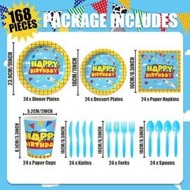 168Pcs Cartoon Story Birthday Decorations Cartoon Story Party Supplies Birthday Plates And Napkins Tableware Set Blue Sky White Cloud Party Decorations for Kids Serves 24 Guests