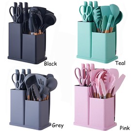 19 Pieces Kitchen Utensils and Knife Set with Block, with 9 Piece Silicone Cooking Utensils Set 5 Piece Sharp Stainless Steel Chef Knives Scissors Whisk Tongs and Cutting Board (19 in 1) (Black)