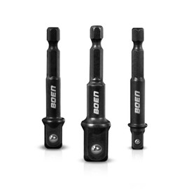 BOEN Impact Grade Socket Adapter Set, 3-PCS Drill Bit Adapter with Bit Holder, Sizes 1/4", 3/8", 1/2", 1/4-Inch SAE Hex Shank, Cr-V with Black Phosphate Finish