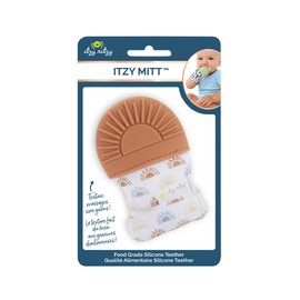 Itzy Ritzy Silicone Teething Mitt - Soothing Infant Teething Mitten with Adjustable Strap, Crinkle Sound & Textured Silicone to Soothe Sore & Swollen Gums - for Ages 3 Months & Up (Terracotta Sun)