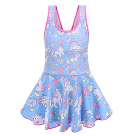 RuuYiicoco Traje de baño de una pieza para niñas, diseño de unicornio, sirena, arcoíris, Azul (Blue Unicorn), 10-11 Años