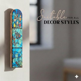 SURI Wooden Mezuzah for Door – 5 Inch Contemporary Turquoise Chagall-Inspired Mezuzzah Case with Printed Scroll, Self-Stick Adhesive, Fits a 4 Inch Scroll, Gift Box Include