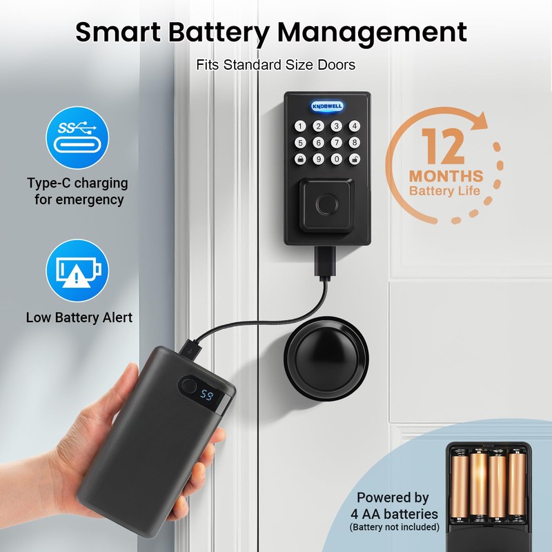 KNOBWELL Fingerprint Door Lock, Passage Door Knob, Black Keyless Entry