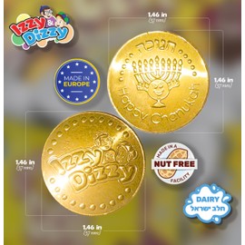 Izzy 'n' Dizzy Hanukkah Gelt Coins Chocolate, Kosher Milk Chocolate Coins Nut Free (Dairy), Filled with Menorah Embossed Hanukkah Gelt Coins (6 Mesh Bags)