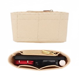 Libpttl Small Zipped Felt Bag Organiser Insert for Handbags & Pouches, Multi-Pocket Purse Liner Shaper, 16×5×8cm Beige.