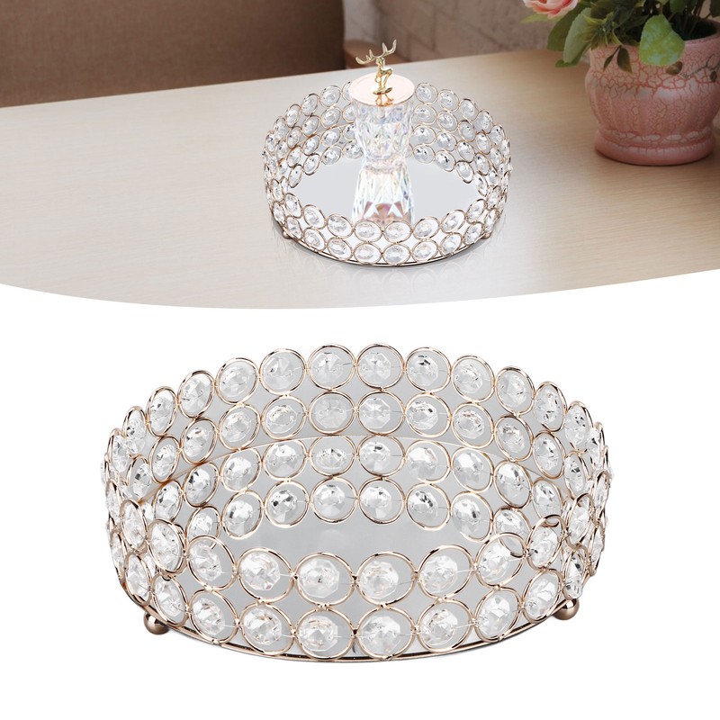 Crystal Cosmetic Makeup Tray 8in Round Display Tray Mirrored Metal