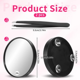 10X Magnifying Mirror with 3 Suction Cups, 4.5 Inches Magnified Makeup Mirror and Slant Tweezer Round Travel Makeup Mirrors with High Magnification for Travel, Cosmetic, Bathroom, Black