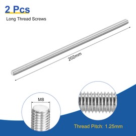 sourcing map M8x202mm Fully All Threaded Rod, 2Pcs 316 Stainless Steel Long Threaded Screw 1.25mm Thread Pitch Right Hand Threads for Furniture Mounting Assembly Fastening