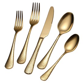 45-Piece Hammered Gold Flatware Set for 8,Premium 18/10 Stainless Steel Silverware Set with 5-Piece Serving Set,Modern Elegant Cutlery Set for Kitchen,Wedding,or Hosting,Dishwasher Safe