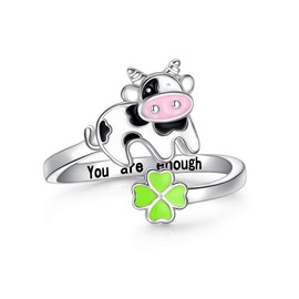 DAOCHONG Sterling Silver Cute Color Cow and Green Clover Animal Open Ring Engrave You are enough Ring for Women Sister Daughter Size 8