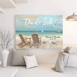 Individual Canvas Du & Ich with Your Own Name Gift for Lovers Valentine's Day Beach Panorama Hand Drawn Gift Idea Home Decoration Canvas Picture Lovers Couple