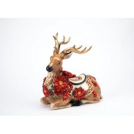 Cosmos Gifts 10289 Fine Ceramic Sitting Reindeer with Gold Accents Antlers and Red Poinsettia Figurine, 10-1/2" H